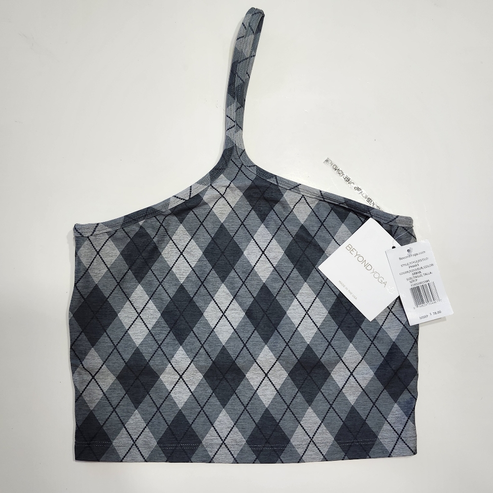 NWT Beyond Yoga Women's Size Small Asymmetrical Gray Argyle Pattern Cropped Tank